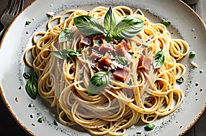 A dish of gourmet spaghetti carbonara, top view, featuring a twirl of al dente pasta dominating the scene