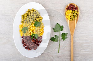 Dish with green peas, beans, sweet corn, parsley and spoon