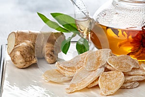 Dish of green tea, ginger root and slices of candied ginger