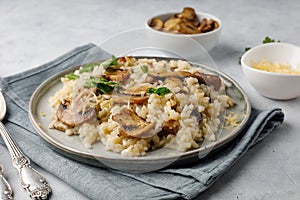 A dish of Italian cuisine - risotto from rice and mushrooms