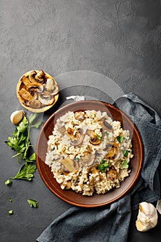 A dish of Italian cuisine - risotto from rice and mushrooms in a brown plate on a black slate background.