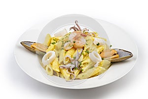 Dish of italian pasta with seafoods and bottarga, mediterranean food