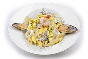 Dish of italian pasta with seafoods and bottarga, mediterranean food