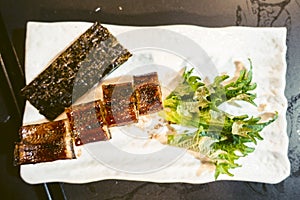 Dish with Japanese fusion food with seaweed