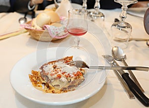 dish with lasagna with beef and cheese thin egg pasta typical central Italian dish