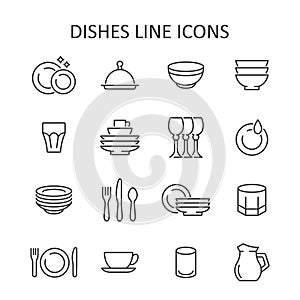 Dish line icon set. Vector collection of household utensils with plate, bowl, cup, glass, wineglass, fork, spoon, knife