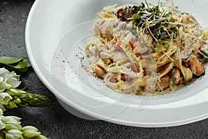 Dish of linguine allo scoglio, typical italian pasta with seafood, Mediterranean Cuisine