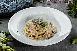 Dish of linguine allo scoglio, typical italian pasta with seafood, Mediterranean Cuisine