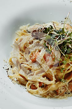 Dish of linguine allo scoglio, typical italian pasta with seafood, Mediterranean Cuisine