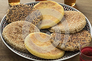 Dish with Moroccan harcha, flatbread