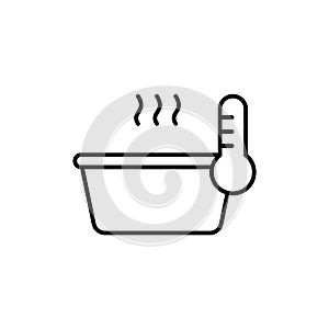 Dish or pan with thermometer and hot steam. Linear icon of baking in oven, reheat food. Black simple illustration of cooking