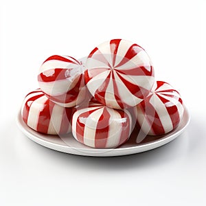 dish of peppermints, red and white candy canes, isolated on a white background