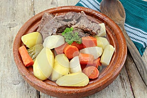 Dish of pot au feu with beef