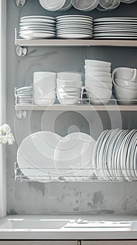 Dish rack displays clean white dishes in an orderly manner