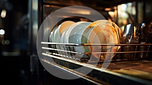 A dish rack filled with dirty dishes in an oven, AI