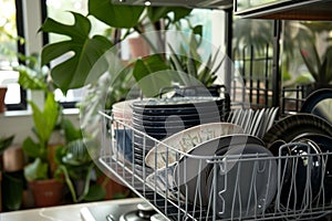 dish rack full of dinnerware with kitchen plants in the background