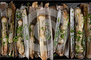 dish of razor clam grilled with garlic, parsley, olive oil and lemon slice on wood table