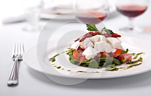 Dish with salad ruccola and cheese a Burrata