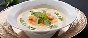 A dish of shrimp soup garnished with mint leaves in serveware