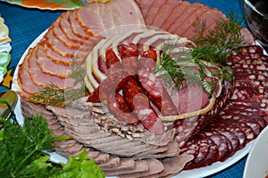 A dish with slices of different types of sausages and ham.