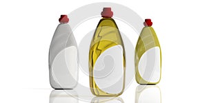 Dish soap, dishwashing detergent in bottles with blank label, isolated on white background. 3d illustration