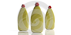 Dish soap, dishwashing detergent in yellow blank bottles, isolated on white background. 3d illustration