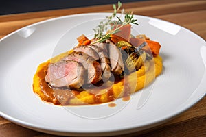 dish of sous-vide pork tenderloin, paired with creamy polenta and roasted vegetables