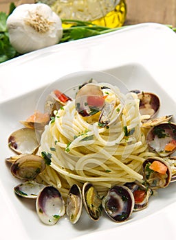 Dish of spaghetti with clams