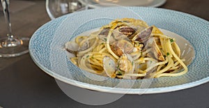 Dish of spaghetti with clams and bottarga, Italian Food