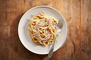 Dish of spaghetti a la carbonara