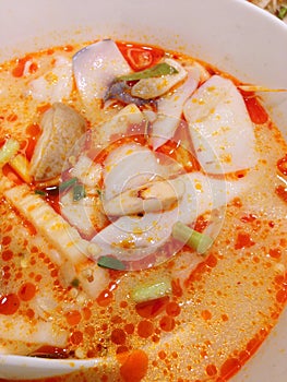 The dish of spicy seafood soup,tom yum kung, thai food