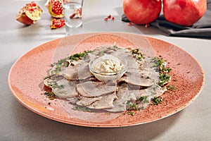 dish of thinly sliced boiled beef tongue