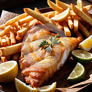 Dish of traditional British fish and chips, batter fried seafood