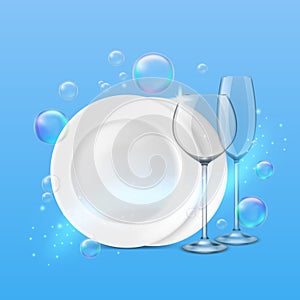 Dish wash. Realistic shiny dishes cleanness, fresh porcelain plates and wine and champagne glasses, soap bubbles around