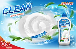 Dish wash soap ads. Realistic dishwashing packaging with detergent gel design and mint leaves. Liquid soap advertisement