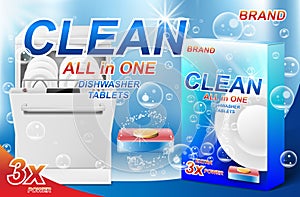 Dish wash soap ads. Realistic plastic dishwashing packaging with detergent design. Tablet for dishwasher machine. 3d
