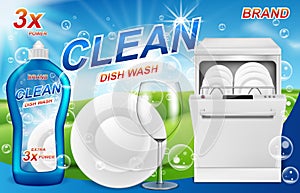 Dish wash soap ads. Realistic plastic dishwashing packaging with detergent gel design. Liquid soap with clean dishes for