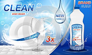 Dish wash soap ads. Realistic plastic dishwashing packaging with label design. Liquid wash soap with clean dishes and