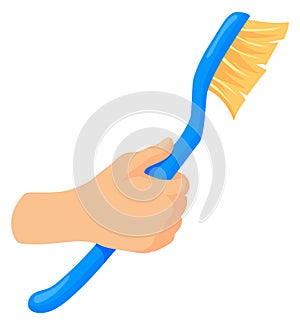 Dish washing brush in human hand. Cleaning cartoon icon