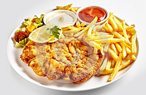 Dish of Wiener schnitzel with French fries photo