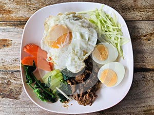 Dish of yummy Shrimp Paste Fried Rice.