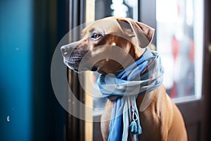 disheartened canine in a blue scarf by a halfopen office door