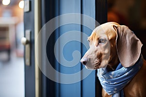 disheartened canine in a blue scarf by a halfopen office door