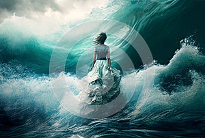 Disheartened Female Standing in the Midst of Turbulent Crashing Waves. Feeling of Overwhelming Demands - Generative AI