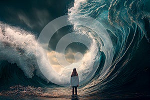 Sad Female Standing in the Midst of Turbulent Crashing Waves. Feeling of Overwhelming Demands - Generative AI photo