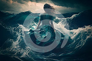 Distraught Female Standing in the Midst of Turbulent Crashing Waves. Feeling of Overwhelming Demands - Generative AI photo