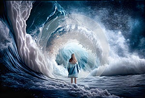 Endangered Woman Standing in the Midst of Turbulent Crashing Waves. Feeling of Overwhelming Demands - Generative AI photo