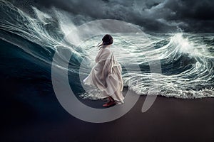 Depressed Woman Standing in the Midst of Turbulent Crashing Waves. Feeling of Overwhelming Demands - Generative AI photo