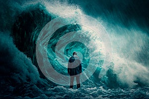 Disheartened Man Standing in the Midst of Turbulent Crashing Waves.