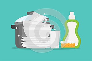 Dishes, clean pan and dish soap flat design illustration